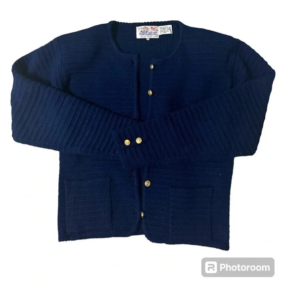 Tally Ho Vintage short cardigan sweater jacket blue w/ brass buttons, size M - Picture 2 of 7